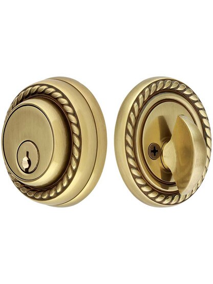 Solid Brass Single Cylinder Rope-Style Deadbolt in Antique Brass.